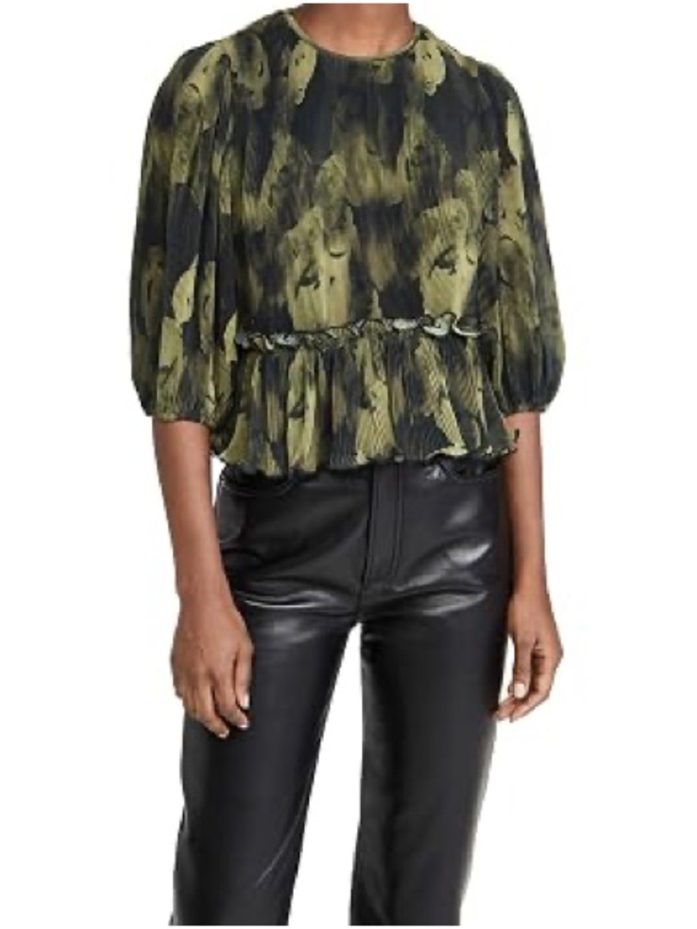 Ganni Women's Green Black Printed Peplum Top